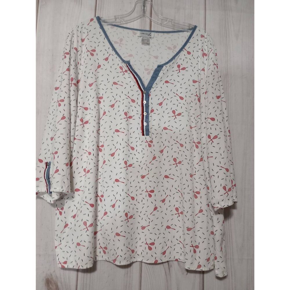 Collection L Button Henley‎ Top White Red Racket Print 3/4 Sleeve Blouse